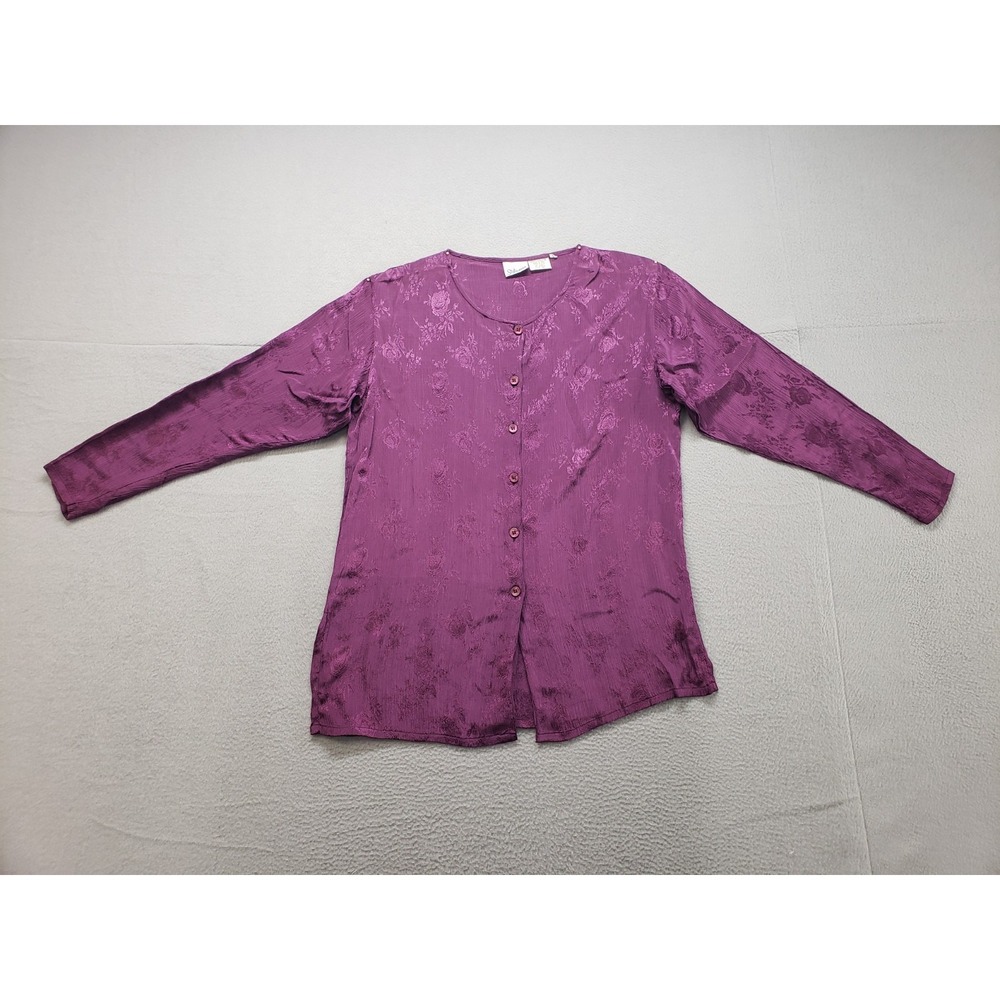Styleworks‎ Women Tops 10 Purple Round Neck Button Front Long Sleeve Slit Casual